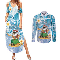 Hawaii Mele Kalikimaka Couples Matching Summer Maxi Dress and Long Sleeve Button Shirt Hula Santa Retro Style Blue - Polynesian Pride