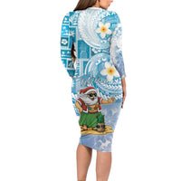Hawaii Mele Kalikimaka Family Matching Long Sleeve Bodycon Dress and Hawaiian Shirt Hula Santa Retro Style Blue - Polynesian Pride