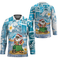 Hawaii Mele Kalikimaka Hockey Jersey Hula Santa Retro Style Blue - Polynesian Pride