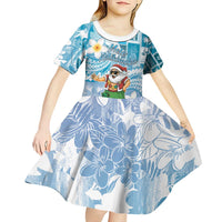Hawaii Mele Kalikimaka Kid Short Sleeve Dress Hula Santa Retro Style Blue - Polynesian Pride