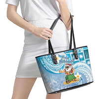Hawaii Mele Kalikimaka Leather Tote Bag Hula Santa Retro Style Blue - Polynesian Pride