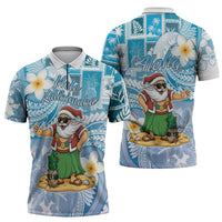Hawaii Mele Kalikimaka Zipper Polo Shirt Hula Santa Retro Style Blue - Polynesian Pride