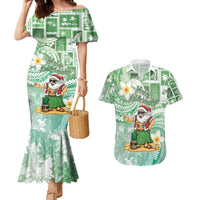 Hawaii Mele Kalikimaka Couples Matching Mermaid Dress and Hawaiian Shirt Hula Santa Retro Style Green - Polynesian Pride