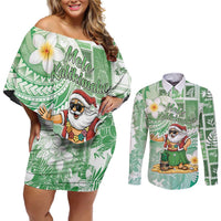 Hawaii Mele Kalikimaka Couples Matching Off Shoulder Short Dress and Long Sleeve Button Shirt Hula Santa Retro Style Green - Polynesian Pride