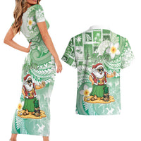 Hawaii Mele Kalikimaka Couples Matching Short Sleeve Bodycon Dress and Hawaiian Shirt Hula Santa Retro Style Green - Polynesian Pride