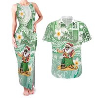 Hawaii Mele Kalikimaka Couples Matching Tank Maxi Dress and Hawaiian Shirt Hula Santa Retro Style Green - Polynesian Pride