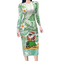 Hawaii Mele Kalikimaka Family Matching Long Sleeve Bodycon Dress and Hawaiian Shirt Hula Santa Retro Style Green LT05 Mom's Dress Green - Polynesian Pride