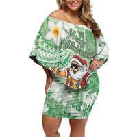 Hawaii Mele Kalikimaka Family Matching Off Shoulder Short Dress and Hawaiian Shirt Hula Santa Retro Style Green - Polynesian Pride