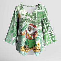 Hawaii Mele Kalikimaka Kimono Sleeve Blouse Hula Santa Retro Style Green - Polynesian Pride