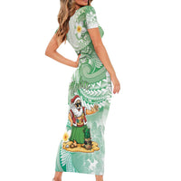 Hawaii Mele Kalikimaka Short Sleeve Bodycon Dress Hula Santa Retro Style Green - Polynesian Pride