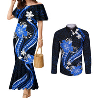 Blue Polynesian Pattern With Tropical Flowers Couples Matching Mermaid Dress and Long Sleeve Button Shirt LT05 Blue - Polynesian Pride