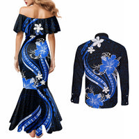 Blue Polynesian Pattern With Tropical Flowers Couples Matching Mermaid Dress and Long Sleeve Button Shirt LT05 - Polynesian Pride