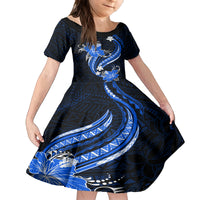 Blue Polynesian Pattern With Tropical Flowers Family Matching Long Sleeve Bodycon Dress and Hawaiian Shirt LT05 Daughter's Dress Blue - Polynesian Pride