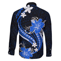 Blue Polynesian Pattern With Tropical Flowers Family Matching Long Sleeve Bodycon Dress and Hawaiian Shirt LT05 - Polynesian Pride