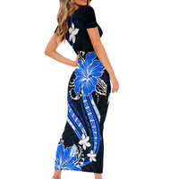Blue Polynesian Pattern With Tropical Flowers Family Matching Short Sleeve Bodycon Dress and Hawaiian Shirt LT05 - Polynesian Pride
