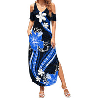Blue Polynesian Pattern With Tropical Flowers Family Matching Summer Maxi Dress and Hawaiian Shirt LT05 Mom's Dress Blue - Polynesian Pride