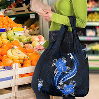 Blue Polynesian Pattern With Tropical Flowers Grocery Bag
