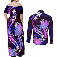 Galaxy Polynesian Pattern With Tropical Flowers Couples Matching Off Shoulder Maxi Dress and Long Sleeve Button Shirt LT05 - Polynesian Pride