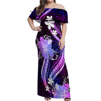 Galaxy Polynesian Pattern With Tropical Flowers Off Shoulder Maxi Dress LT05 Women Galaxy - Polynesian Pride
