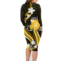 Gold Polynesian Pattern With Tropical Flowers Family Matching Long Sleeve Bodycon Dress and Hawaiian Shirt LT05 - Polynesian Pride