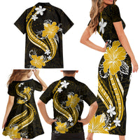Gold Polynesian Pattern With Tropical Flowers Family Matching Short Sleeve Bodycon Dress and Hawaiian Shirt LT05 - Polynesian Pride