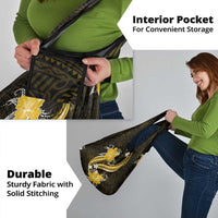 Gold Polynesian Pattern With Tropical Flowers Grocery Bag