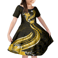 Gold Polynesian Pattern With Tropical Flowers Kid Short Sleeve Dress LT05 KID Gold - Polynesian Pride