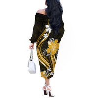 Gold Polynesian Pattern With Tropical Flowers Off The Shoulder Long Sleeve Dress LT05 - Polynesian Pride