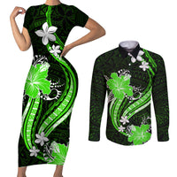 Green Polynesian Pattern With Tropical Flowers Couples Matching Short Sleeve Bodycon Dress and Long Sleeve Button Shirt LT05 Green - Polynesian Pride