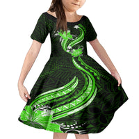 Green Polynesian Pattern With Tropical Flowers Family Matching Off Shoulder Long Sleeve Dress and Hawaiian Shirt LT05 Daughter's Dress Green - Polynesian Pride