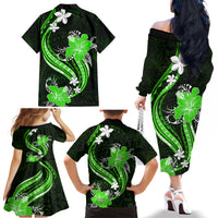 Green Polynesian Pattern With Tropical Flowers Family Matching Off Shoulder Long Sleeve Dress and Hawaiian Shirt LT05 - Polynesian Pride
