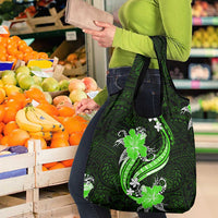 Green Polynesian Pattern With Tropical Flowers Grocery Bag