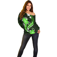 Green Polynesian Pattern With Tropical Flowers Off Shoulder Sweater LT05 - Polynesian Pride