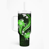 Green Polynesian Pattern With Tropical Flowers Tumbler With Handle