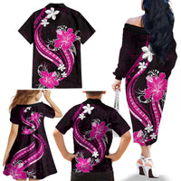 Pink Polynesian Pattern With Tropical Flowers Family Matching Off Shoulder Long Sleeve Dress and Hawaiian Shirt LT05 - Polynesian Pride