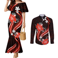 Red Polynesian Pattern With Tropical Flowers Couples Matching Mermaid Dress and Long Sleeve Button Shirt LT05 Red - Polynesian Pride