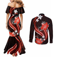 Red Polynesian Pattern With Tropical Flowers Couples Matching Mermaid Dress and Long Sleeve Button Shirt LT05 - Polynesian Pride