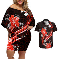Red Polynesian Pattern With Tropical Flowers Couples Matching Off Shoulder Short Dress and Hawaiian Shirt LT05 Red - Polynesian Pride
