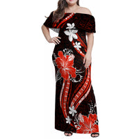Red Polynesian Pattern With Tropical Flowers Family Matching Off Shoulder Maxi Dress and Hawaiian Shirt LT05 Mom's Dress Red - Polynesian Pride
