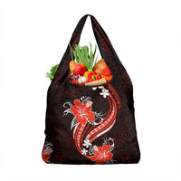 Red Polynesian Pattern With Tropical Flowers Grocery Bag