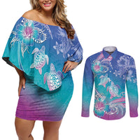 Polynesia Sea Turtle Couple Couples Matching Off Shoulder Short Dress and Long Sleeve Button Shirt Love Is Life