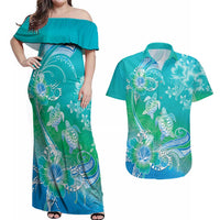 Polynesia Sea Turtle Couple Couples Matching Off Shoulder Maxi Dress and Hawaiian Shirt I Am Turtley In Love With You