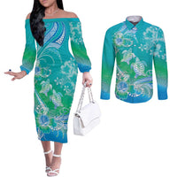 Polynesia Sea Turtle Couple Couples Matching Off The Shoulder Long Sleeve Dress and Long Sleeve Button Shirt I Am Turtley In Love With You