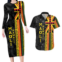 Hawaii Maoli Spirit Couples Matching Long Sleeve Bodycon Dress and Hawaiian Shirt Kakau Pattern With Flower Lei LT05 Black - Polynesian Pride