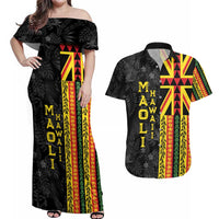 Hawaii Maoli Spirit Couples Matching Off Shoulder Maxi Dress and Hawaiian Shirt Kakau Pattern With Flower Lei - Polynesian Pride