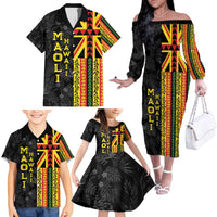 Hawaii Maoli Spirit Family Matching Off The Shoulder Long Sleeve Dress and Hawaiian Shirt Kakau Pattern With Flower Lei LT05 - Polynesian Pride