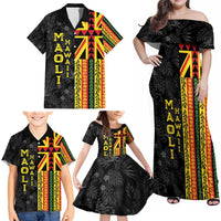 Hawaii Maoli Spirit Family Matching Off Shoulder Maxi Dress and Hawaiian Shirt Kakau Pattern With Flower Lei LT05 - Polynesian Pride
