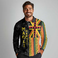 Hawaii Maoli Spirit Long Sleeve Polo Shirt Kakau Pattern With Flower Lei - Polynesian Pride