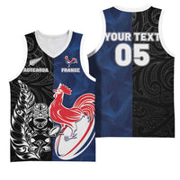 France And New Zealand Rugby Basketball Jersey - Les Bleus Rooster With Maori Tiki LT05 - Polynesian Pride