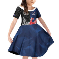 France And New Zealand Rugby Custom Family Matching Off Shoulder Short Dress and Hawaiian Shirt Les Bleus Rooster With Maori Tiki LT05 Daughter's Dress Black - Polynesian Pride